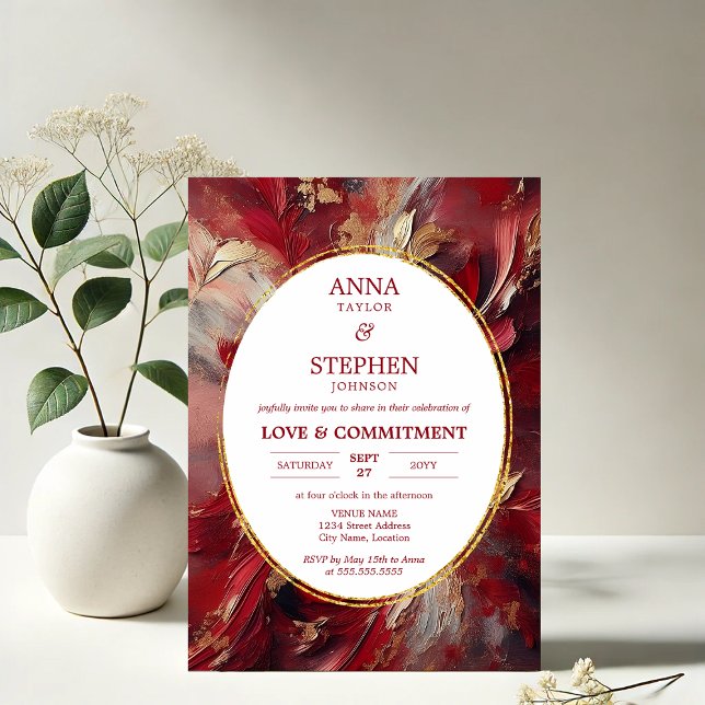 Convites Cerimônia Contemporânea de Compromisso da Elegânci (Contemporary Elegance in Burgundy brushstroke Commitment Ceremony invitation front in situ)