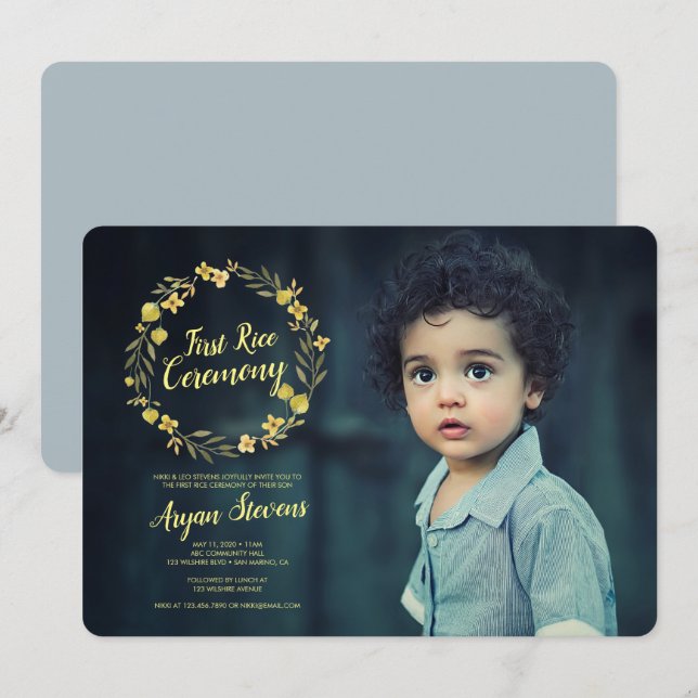 Convites Cerimônia de 1º arroz Wreath Amarela (Frente/Verso)