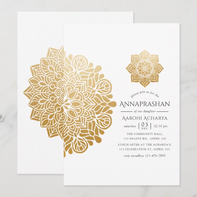 Convites Cerimônia de Annaprashan do Mandala Dourado - Prim (Frente/Verso)