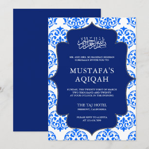 Convites Cerimônia de Aqiqah em Damasco Azul e Branco Islâm