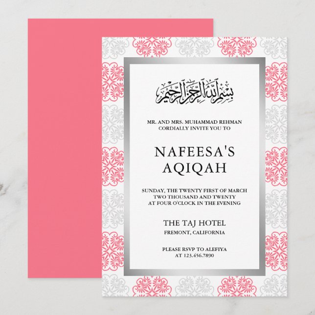 Convites Cerimônia de Aqiqah Muçulmana Floral Cinza e Rosa  (Frente/Verso)