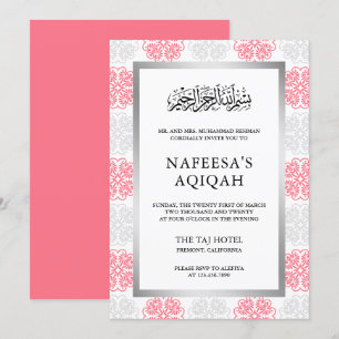 Convites Cerimônia de Aqiqah Muçulmana Floral Cinza e Rosa