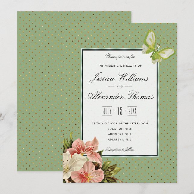 Convites Cerimônia de Casamento Chic Lilies & Gem Butterfly (Frente/Verso)