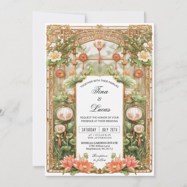 Convites Cerimônia de Casamento com Lótus e Lanterna Asiáti (Frente)