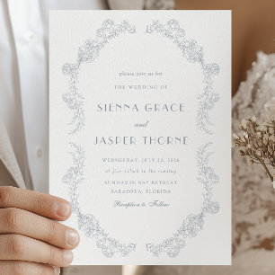 Convites Cerimônia de Casamento Floral Azul Empoeirado
