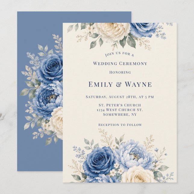 Convites Cerimônia de Casamento Floral Rosa Azul e Creme  (Frente/Verso)