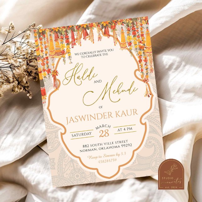 Convites Cerimônia de Casamento Haldi Mehndi Indian Sangeet (Criador carregado)