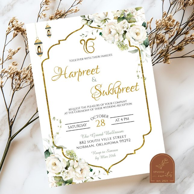 Convites Cerimônia de Casamento Hindu Roka Floral Branco (Criador carregado)