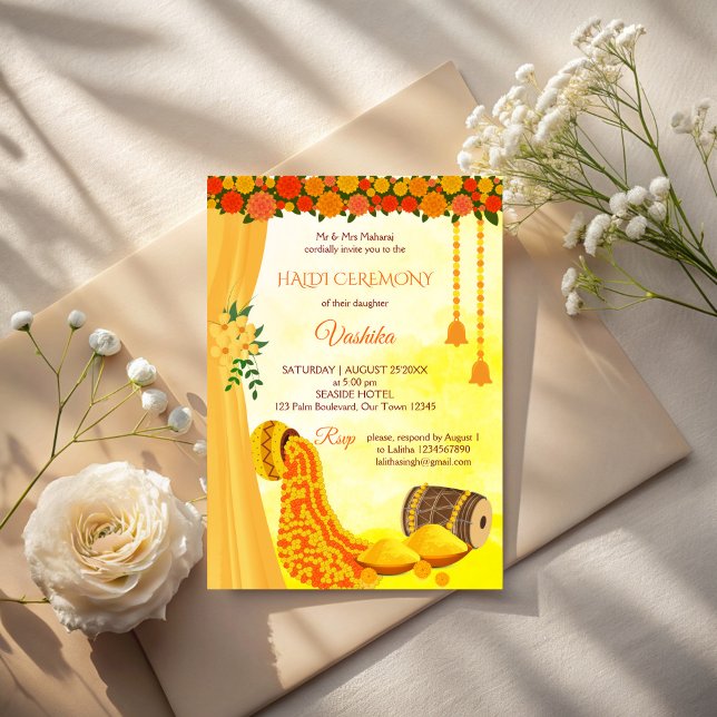 Convites cerimônia de casamento indígena haldi (Indian wedding haldi ceremony invitation cards template yellow marigolds haldi invitations)