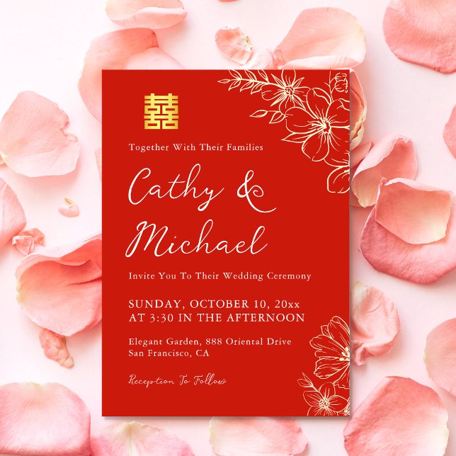 Convites Cerimônia de chá de casamento floral elegante verm (Modern Chinese Wedding invitation floral Chinese tea ceremony invite double happiness)