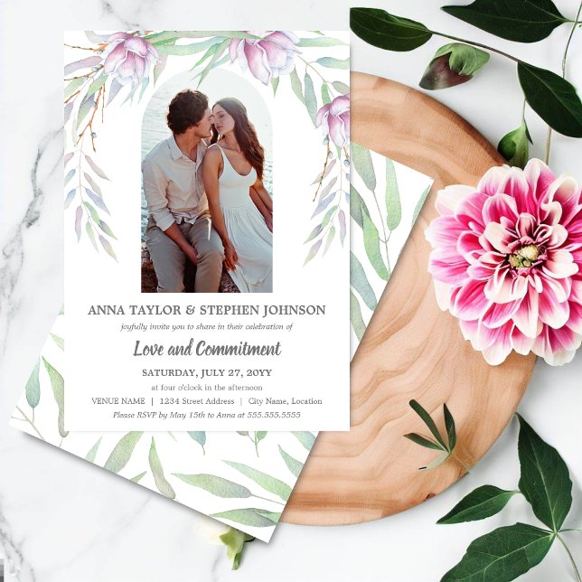 Convites Cerimônia de Compromisso Floral e Fotográfica da W (Beautiful floral and photo commitment ceremony invitation front and back.)