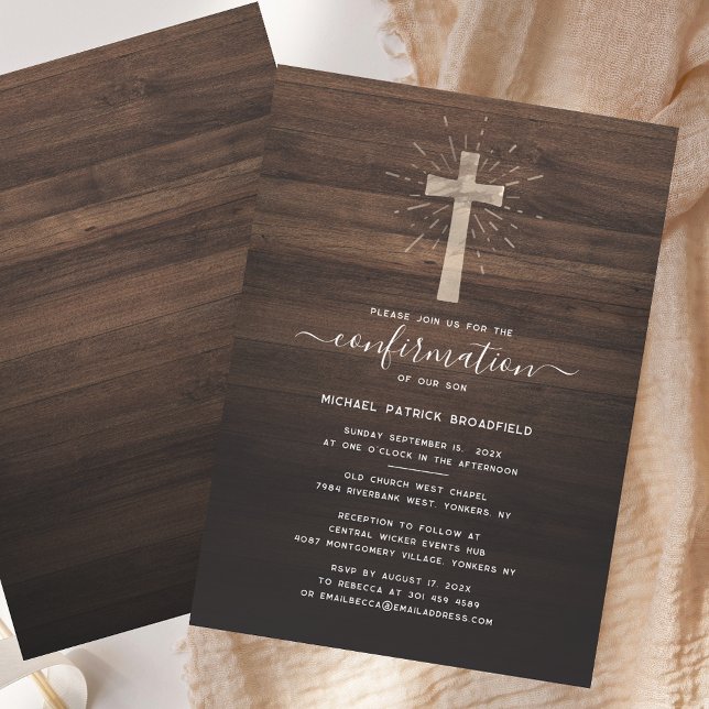 Convites Cerimônia de Confirmação Simples Rústica Cruz da I (Rustic Simple Confirmation Ceremony Church Cross Invitation)