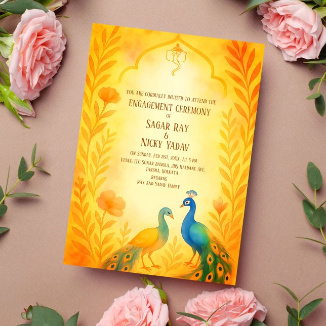 Convites Cerimônia de Engajamento Hindu Floral do Pavão Ind (Criador carregado)