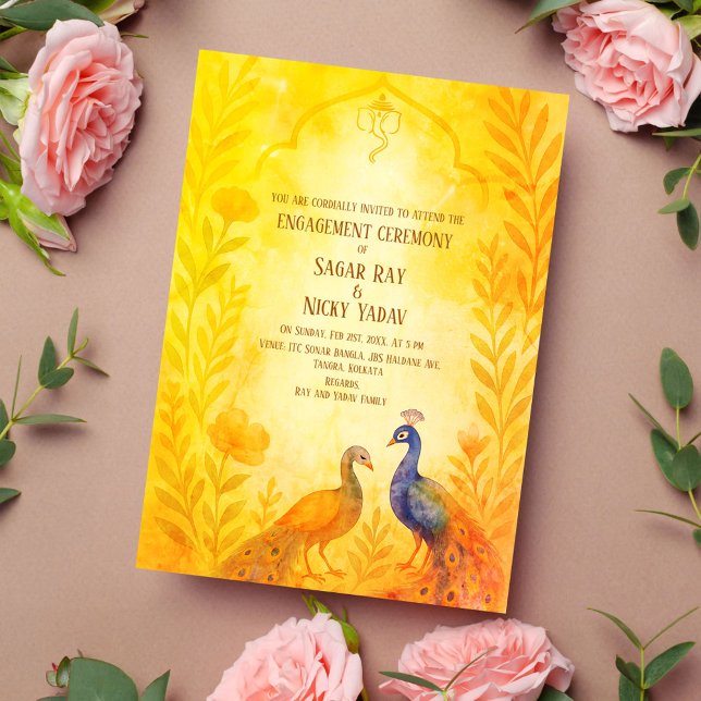 Convites Cerimônia de Engajamento Hindu Indiana Floral Pavã (Criador carregado)