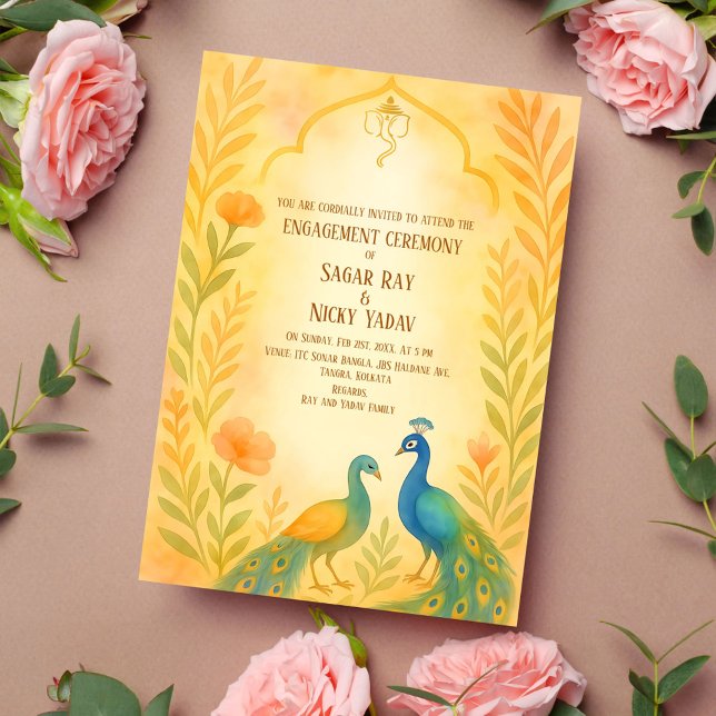 Convites Cerimônia de Engajamento Hindu Indiana Floral Pavã (Criador carregado)