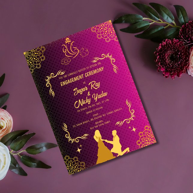 Convites Cerimônia de Engajamento Hindu Indiana Rosa e Dour (Criador carregado)