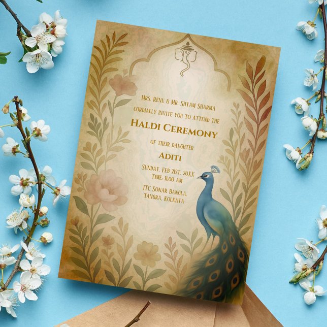 Convites Cerimônia de Haldi da Noiva Indiana Pavão Floral (Criador carregado)