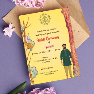 Convites Cerimônia de Haldi do Noivo Hindu Indiano Borbolet