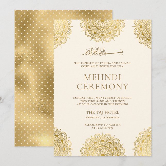 Convites Cerimônia de Mehndi com Motivo Asiático em Creme e (Frente/Verso)