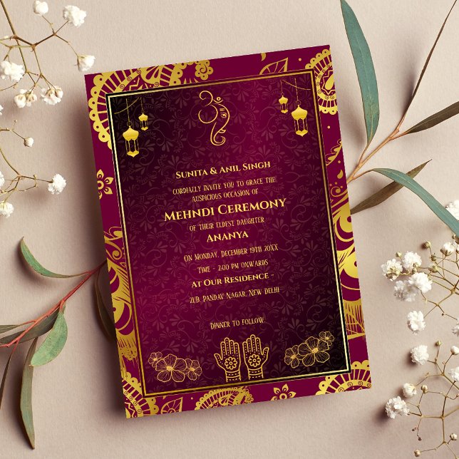 Convites Cerimônia de Mehndi da Noiva Indiana Desenho Doura (Criador carregado)