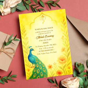 Convites Cerimônia de Mehndi da Noiva Indiana Pavão Floral
