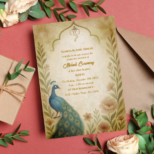 Convites Cerimônia de Mehndi da Noiva Indiana Pavão Floral