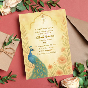 Convites Cerimônia de Mehndi da Noiva Indiana Pavão Floral