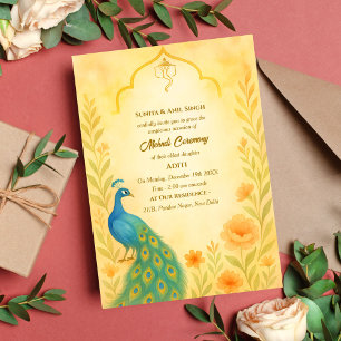 Convites Cerimônia de Mehndi da Noiva Indiana Pavão Floral