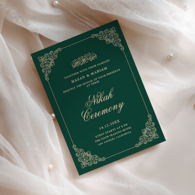 Convites Cerimônia de Nikah Antigo Barroco Dourado Esmerald (Criador carregado)
