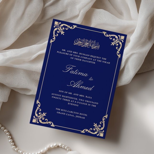 Convites Cerimônia de Nikah Azul Real com Flores Rococó Ant (Criador carregado)