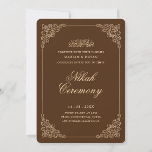 Convites Cerimônia de Nikah Barroco Antigo Dourado Marrom R