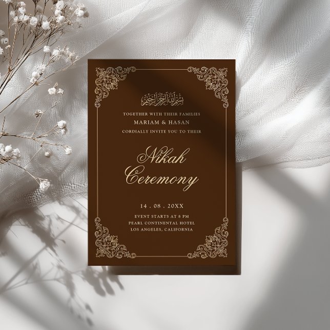 Convites Cerimônia de Nikah Barroco Antigo Dourado Marrom R (Criador carregado)