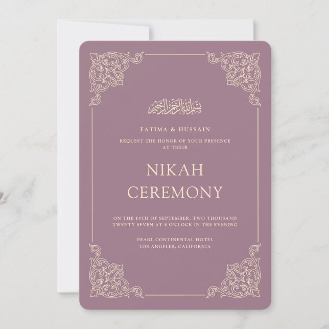 Convites Cerimônia de Nikah Barroco Antigo Dourado Roxo Emp (Frente)