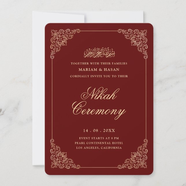 Convites Cerimônia de Nikah Barroco Dourado Borgonha Vermel (Frente)