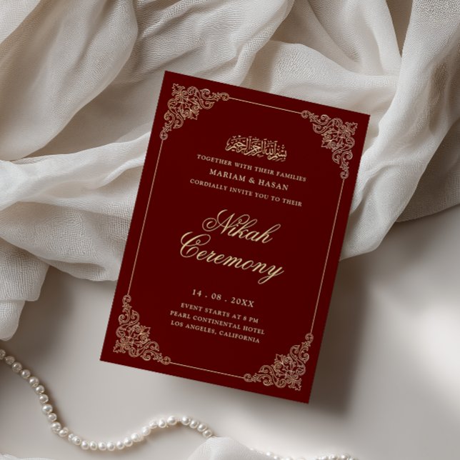 Convites Cerimônia de Nikah Barroco Dourado Borgonha Vitori (Criador carregado)