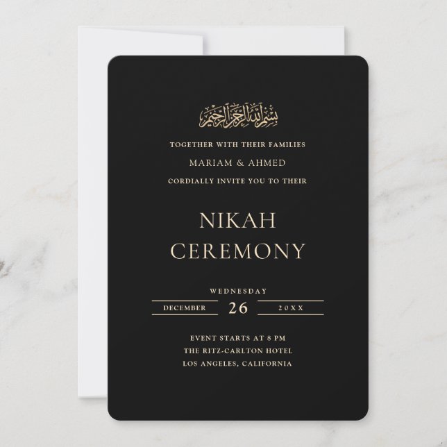 Convites Cerimônia de Nikah Preta com Letra Dourada Formal  (Frente)
