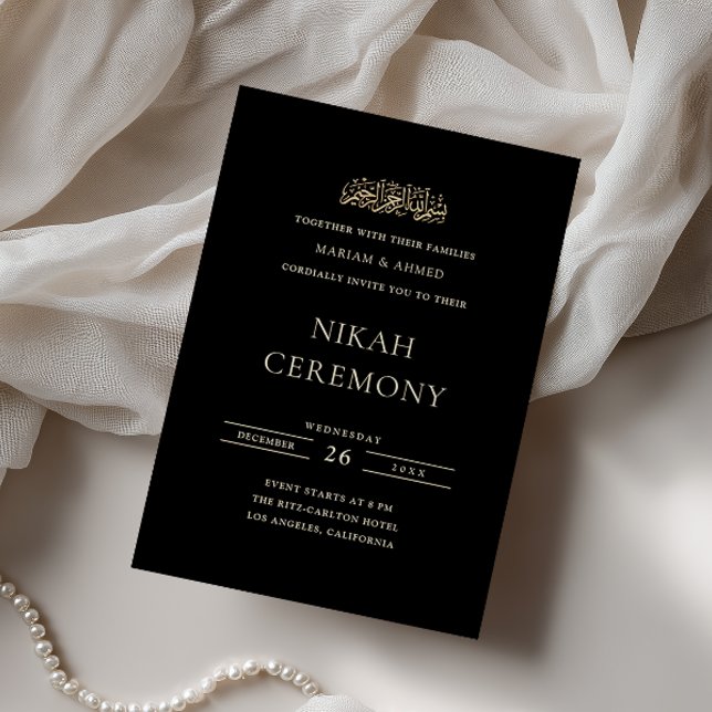 Convites Cerimônia de Nikah Preta com Letra Dourada Formal  (Criador carregado)