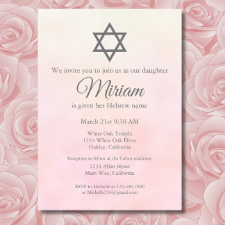 Convites Cerimônia de Nomeação de Bebê Judaica Rosa Claro S