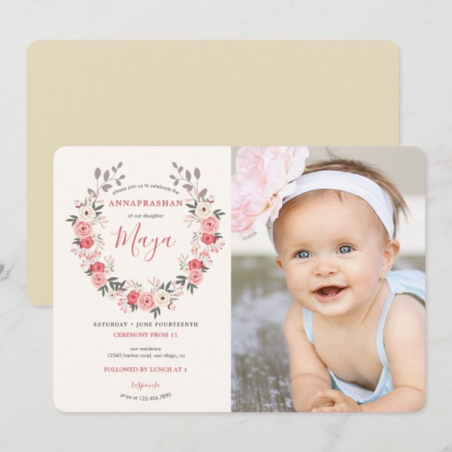 Convites Cerimônia de rosa Wreath First Rice (Frente/Verso)