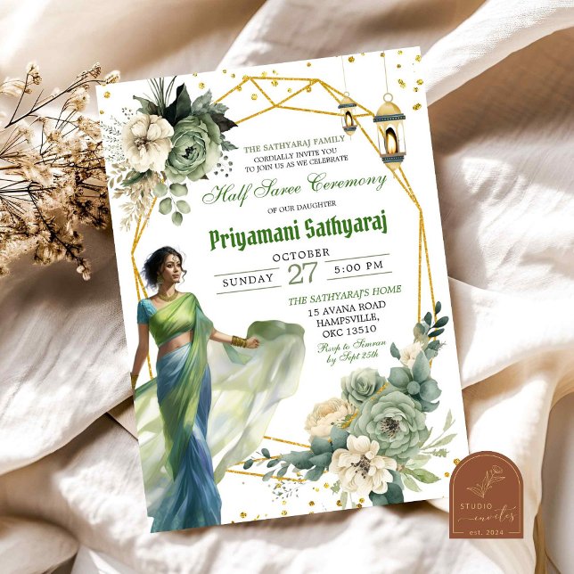 Convites Cerimônia de Sareia Meio Sage Verde Floral Índia (Criador carregado)