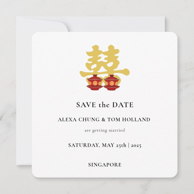 Convites Cerimônia do Chá Casamento Chinês Save the Date (Frente)