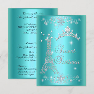 Convites Cerimônia e Menu de Jantar Sweet 16 Azul Turquesa