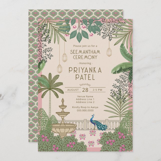 Convites Cerimônia Elegante Indiana de Seemantham (Frente/Verso)