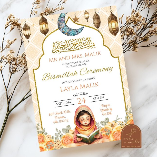 Convites Cerimônia Floral Bismillah da Menina Muçulmana (Criador carregado)