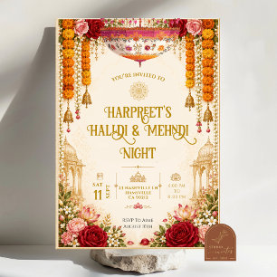 Convites Cerimônia Floral de Mendhi Noturna Rosa e Marygold