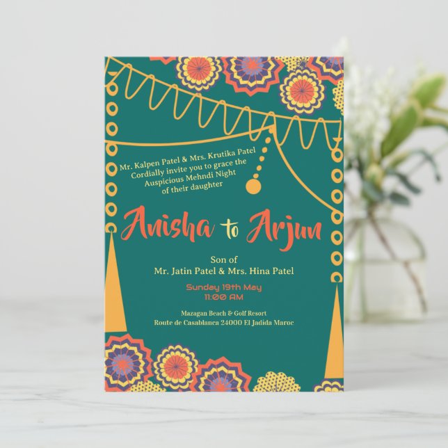 Convites Cerimônia Floral de Noite de Mehndi Casamento Indi (Em pé/Frente)