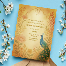 Convites Cerimônia Haldi da Noiva Indiana Pavão Floral