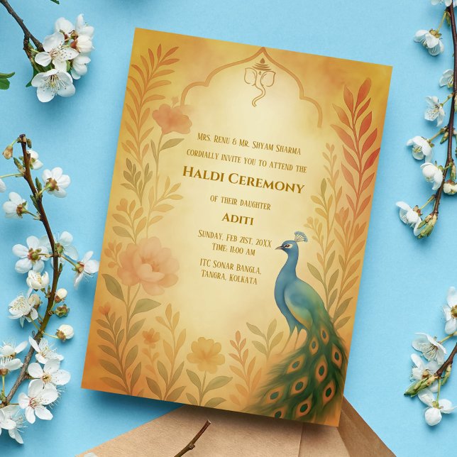 Convites Cerimônia Haldi da Noiva Indiana Pavão Floral (Criador carregado)