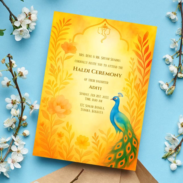Convites Cerimônia Haldi da Noiva Indiana Pavão Floral (Criador carregado)