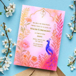 Convites Cerimônia Haldi da Noiva Indiana Pavão Floral
